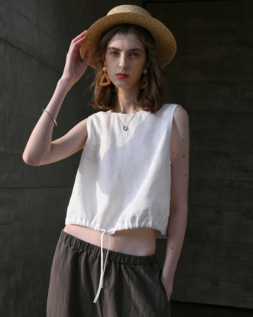 Linen Drawstring Crew Neck Cropped Vest