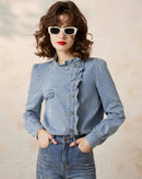 Ruffled Stand-Up Collar Denim Shirt