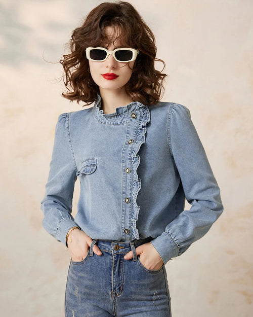Ruffled Stand-Up Collar Denim Shirt