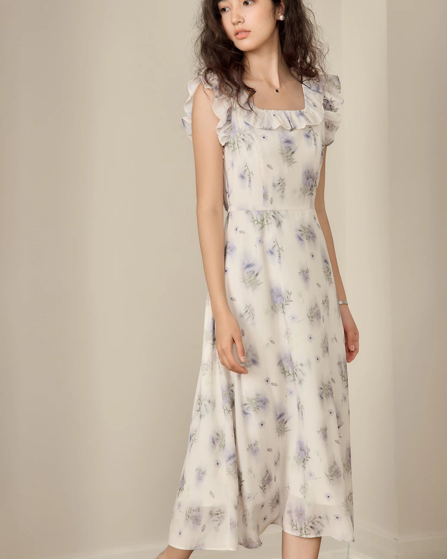 Printed Square Neck Fitted Waist Dress