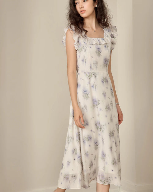 Printed Square Neck Fitted Waist Dress