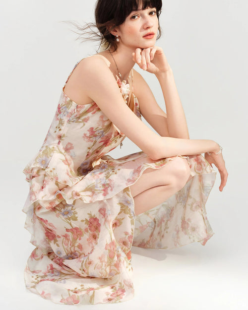Printed Ruffled Spaghetti-Strap Maxi Dress
