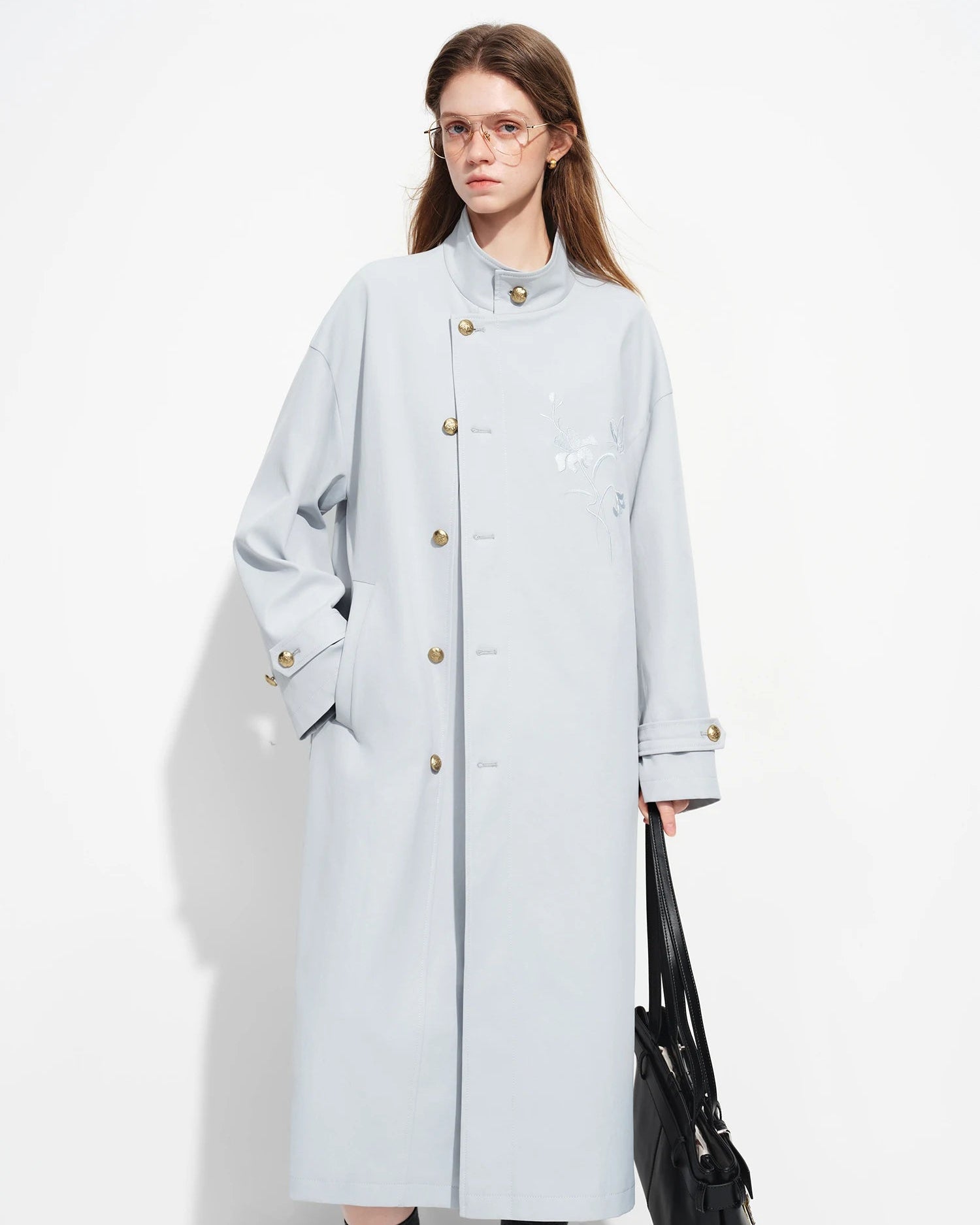 Embroidered Stand-Collar Long Trench Coat