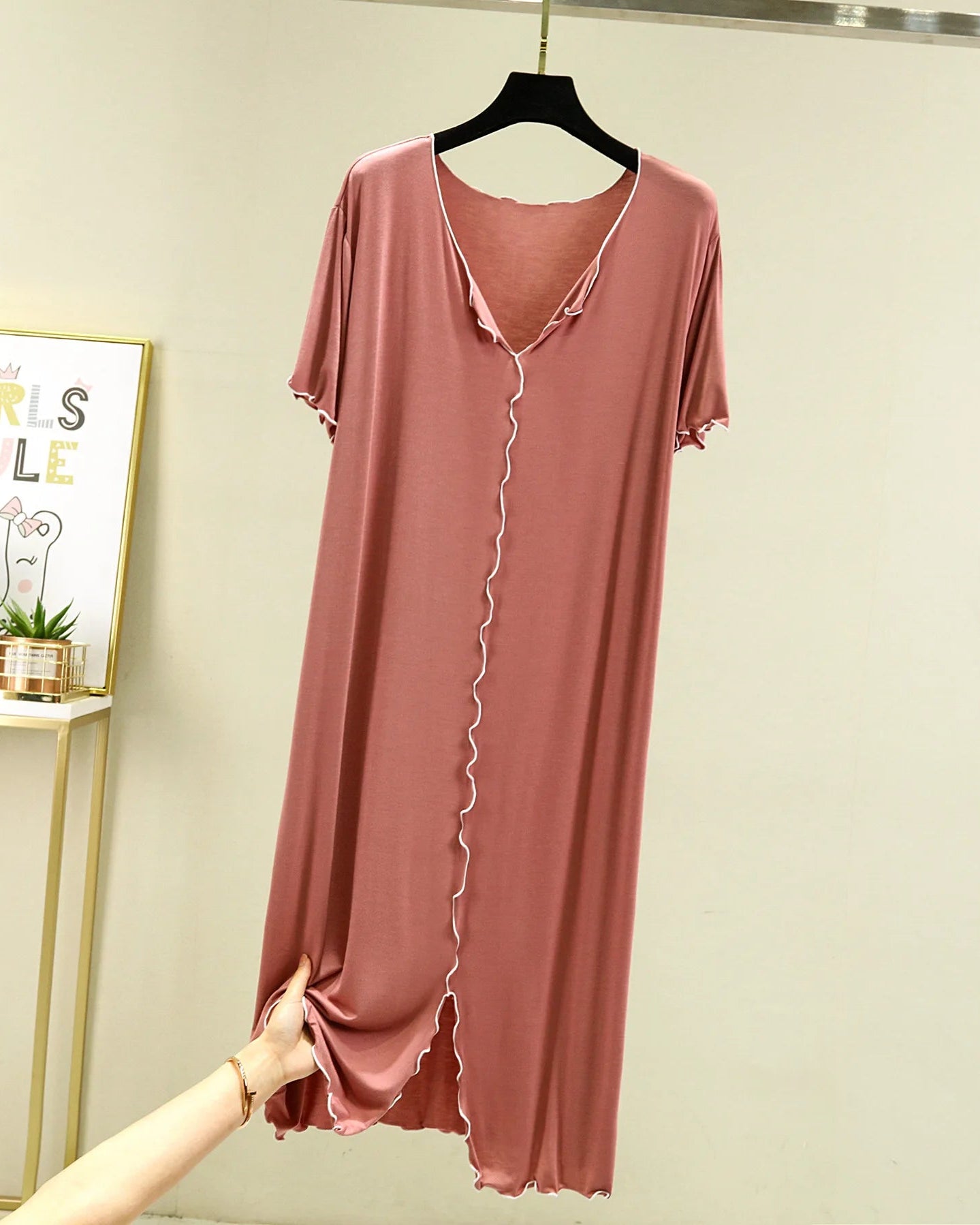 Modal V-Neck Short-Sleeve Mid-Calf Sleep Dress