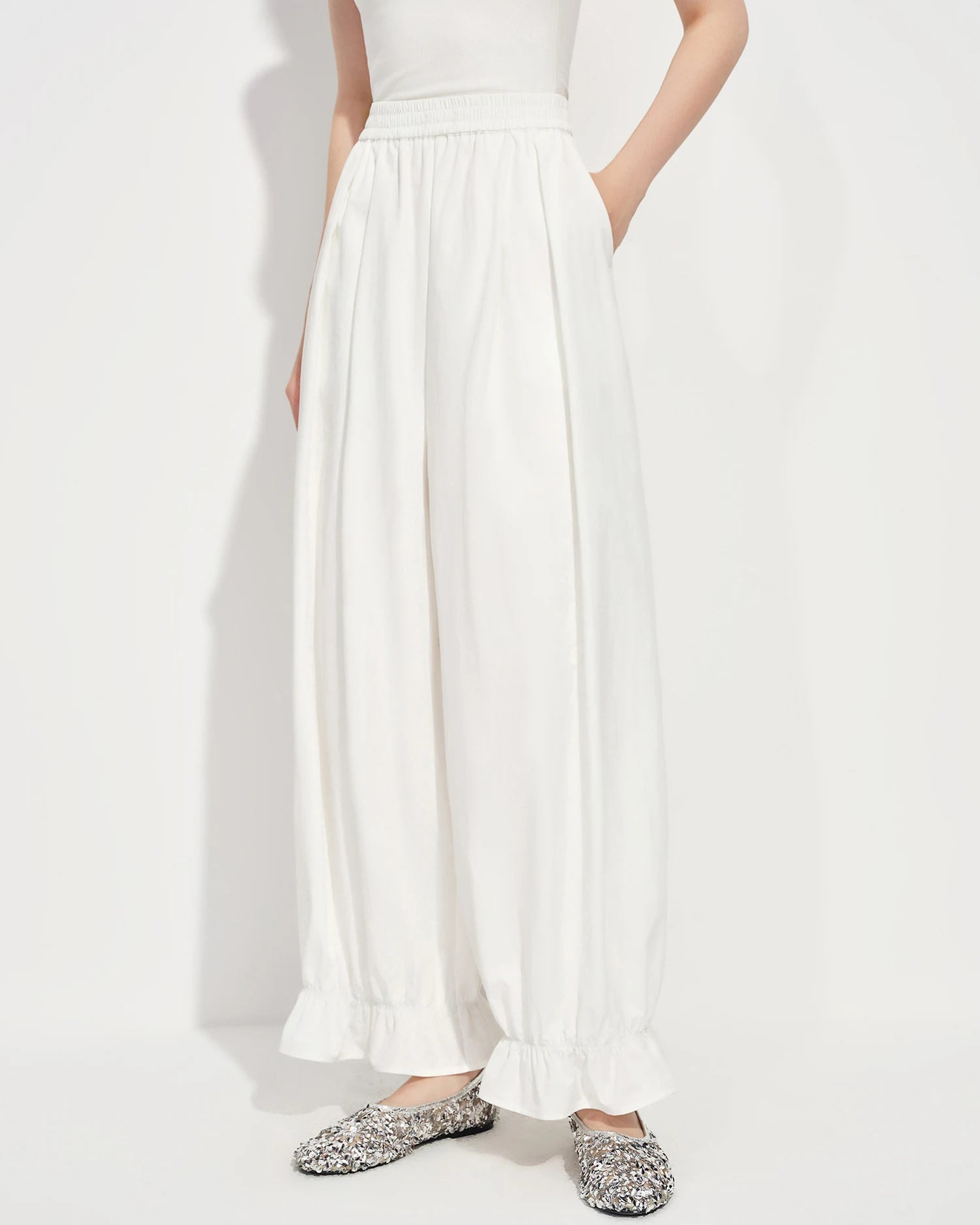 Elastic-Waist Wide-Leg Flared Trousers