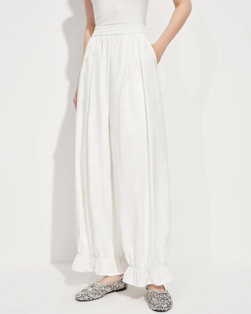 Elastic-Waist Wide-Leg Flared Trousers
