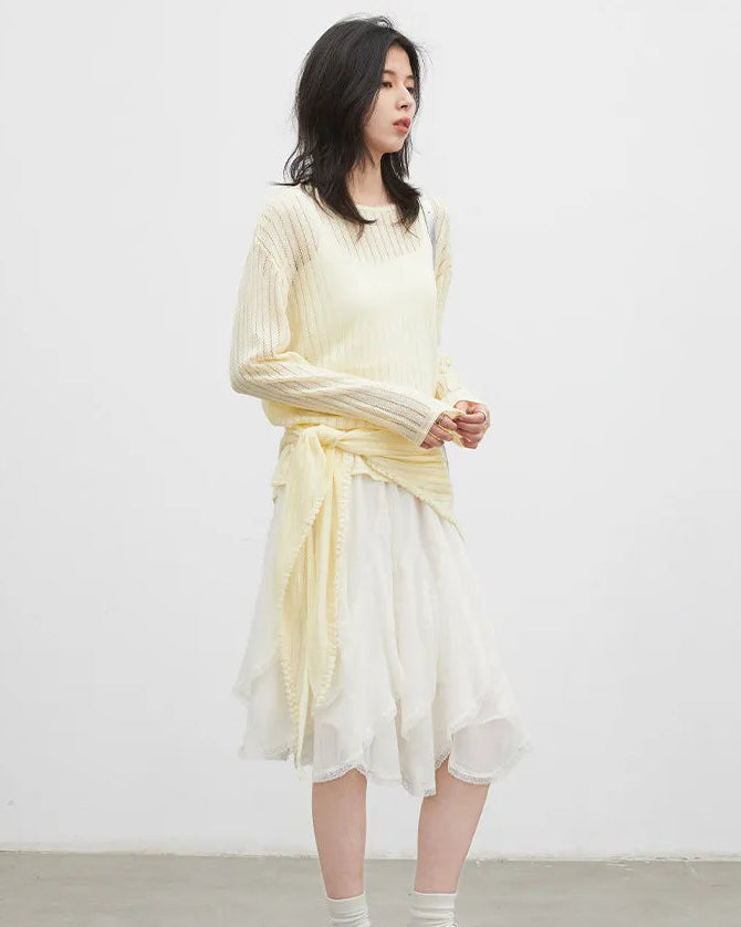 Hollow-Out Slant Shoulder Knit Top