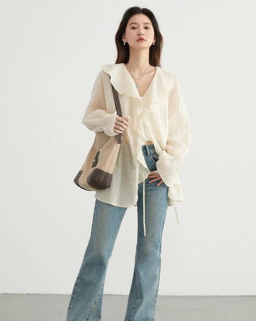 Ruffled V-Neck Loose Lyocell Casual Blouse