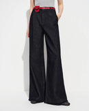 Women's high waist wide leg jeans in dark blue cotton denim, loose fit, floor length, relaxed casual style for spring autumn.