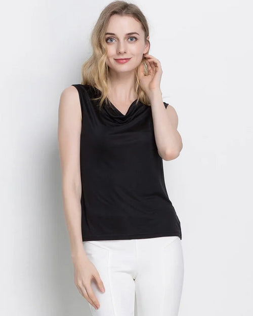 Silk-Viscose Draped Collar Sleeveless Tank Top