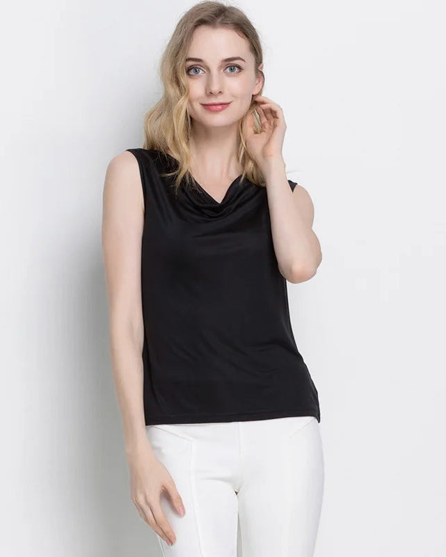 Silk-Viscose Draped Collar Sleeveless Tank Top