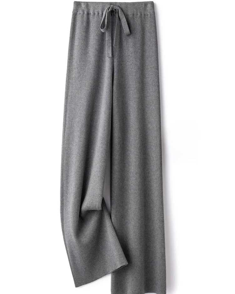 Women's wool ribbed knit wide-leg pants with elastic mid-rise waist and full-length loose fit, perfect for fall and winter layering or office to resort wear