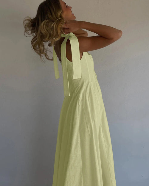 Square Neck Pleated Cotton Maxi Dress
