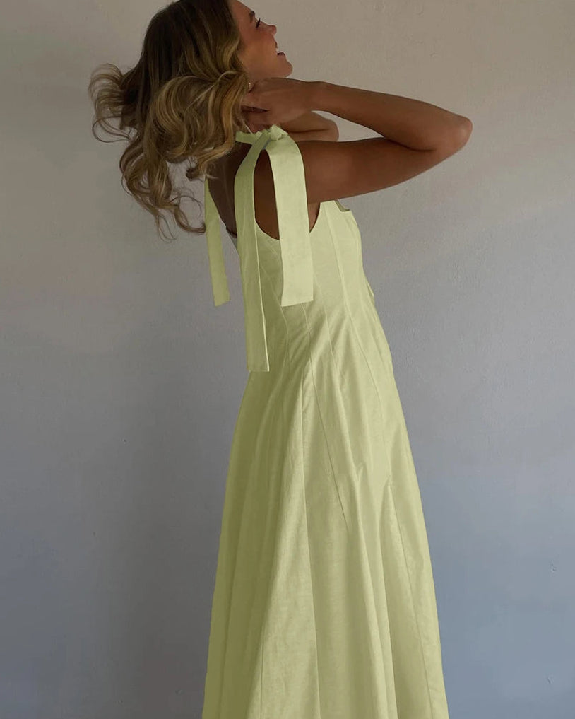 Square Neck Pleated Cotton Maxi Dress
