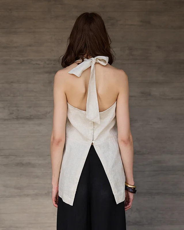Sleeveless Linen Backless Halter Top