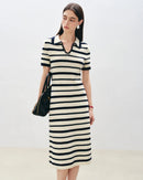 Women's white long striped polo collar knit dress, featuring soft cotton blend and empire waist fit-and-flare silhouette for effortless spring collegiate charm or morning commutes.