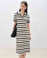 Long Striped Polo Collar Knit Dress