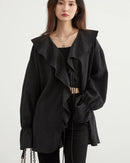 Ruffled V-Neck Loose Lyocell Casual Blouse