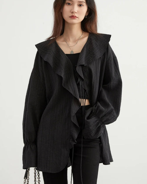 Ruffled V-Neck Loose Lyocell Casual Blouse