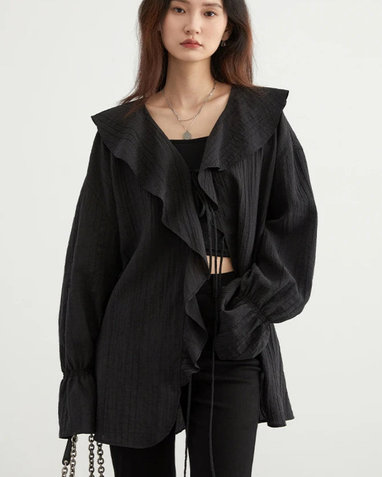 Ruffled V-Neck Loose Lyocell Casual Blouse