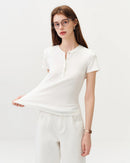 Cotton Lyocell Button-Trim Fitted Tee