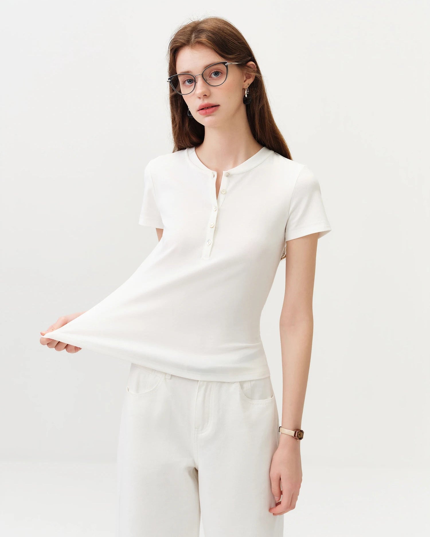 Cotton Lyocell Button-Trim Fitted Tee
