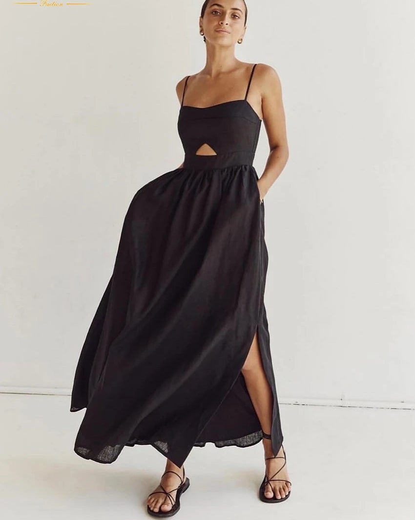 Cotton Slash-Neck Hollow-Out Sleeveless Maxi Dress