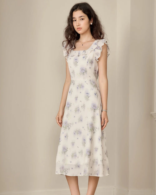 Printed Square Neck Fitted Waist Dress