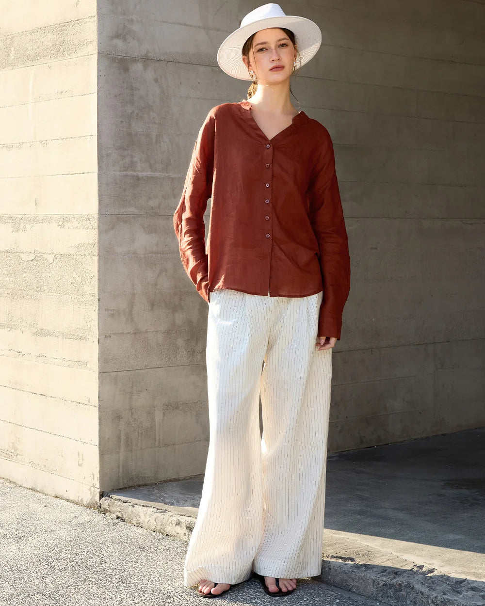 Ramie V-Neck Button-Down Shirt