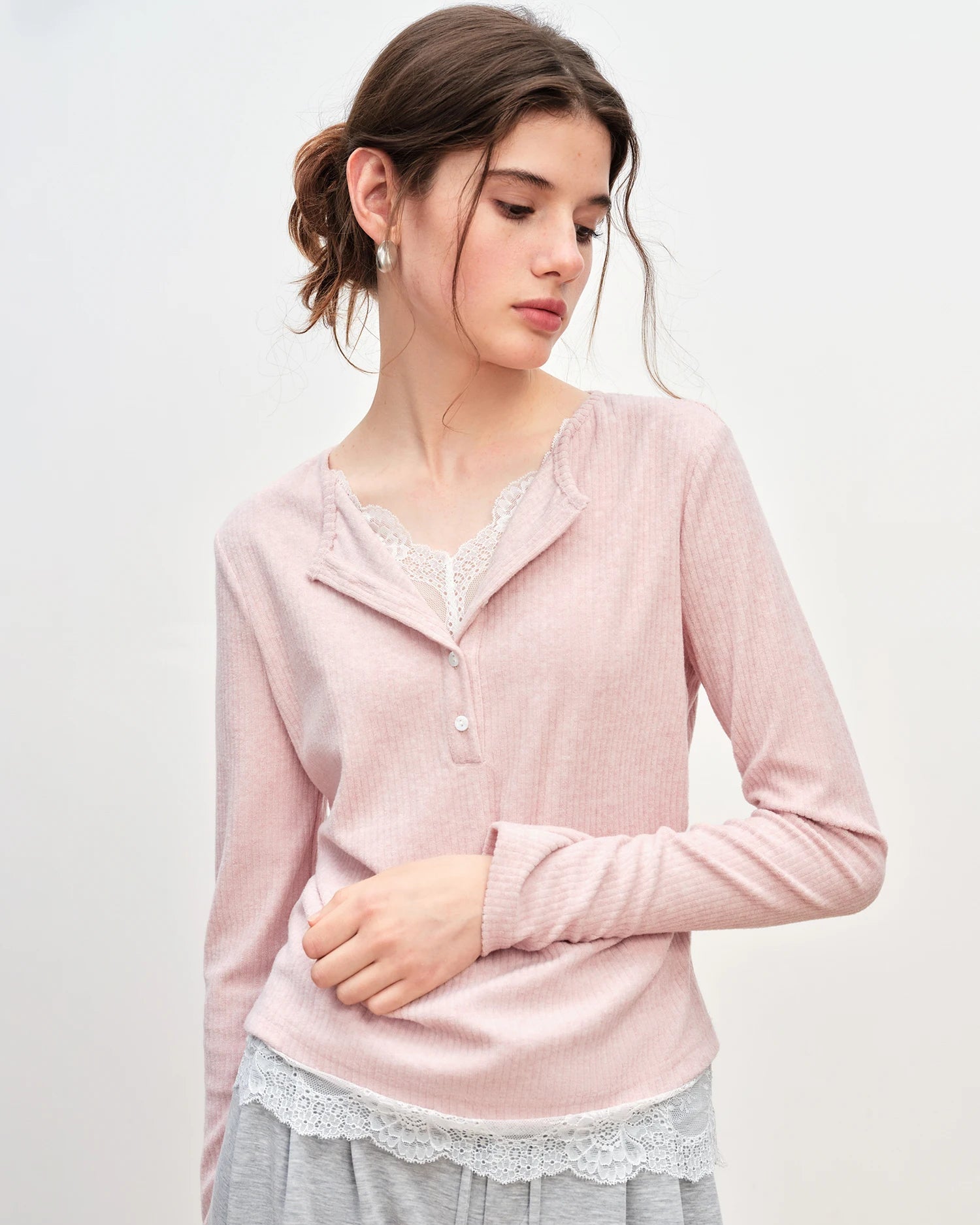 Lace-Trimmed V-Neck Knit Sweater