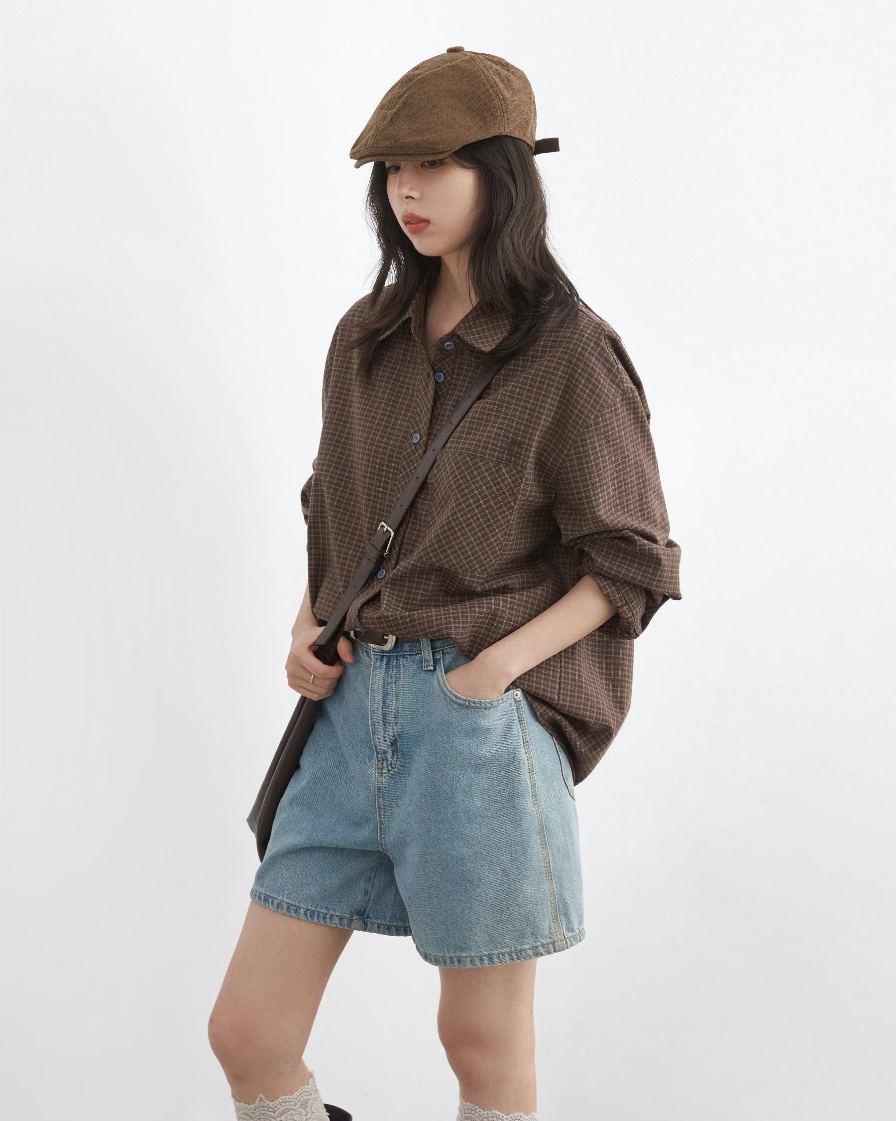 Plaid Embroidered Square-Neck Loose Shirt