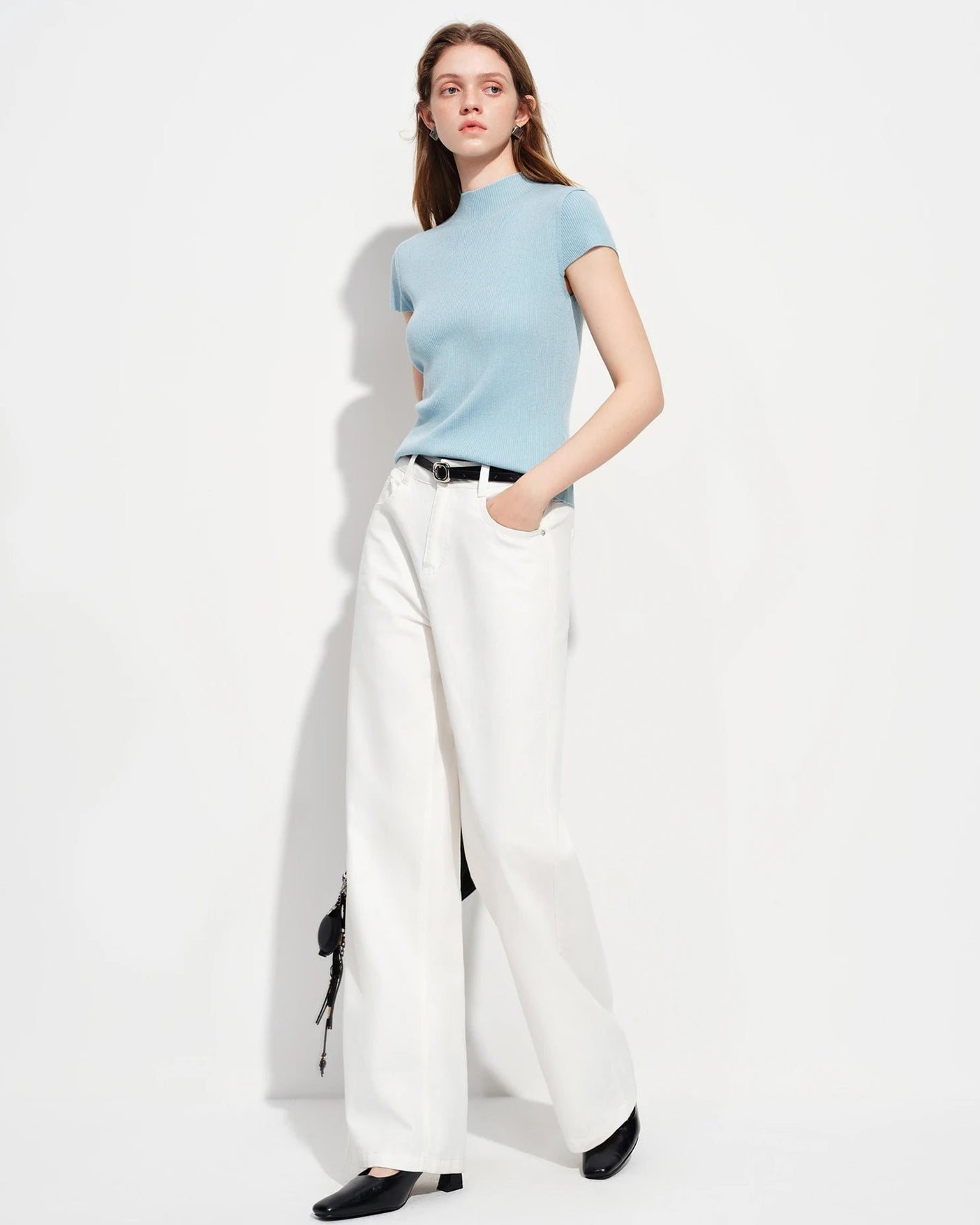 Semi-High Neck Short-Sleeve Knit Sweater