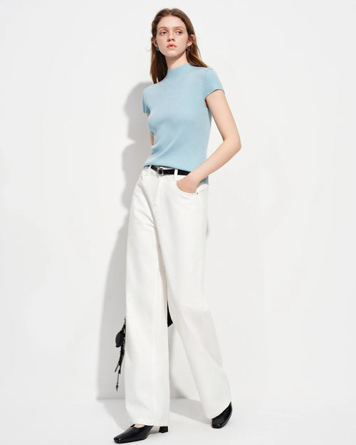 Semi-High Neck Short-Sleeve Knit Sweater