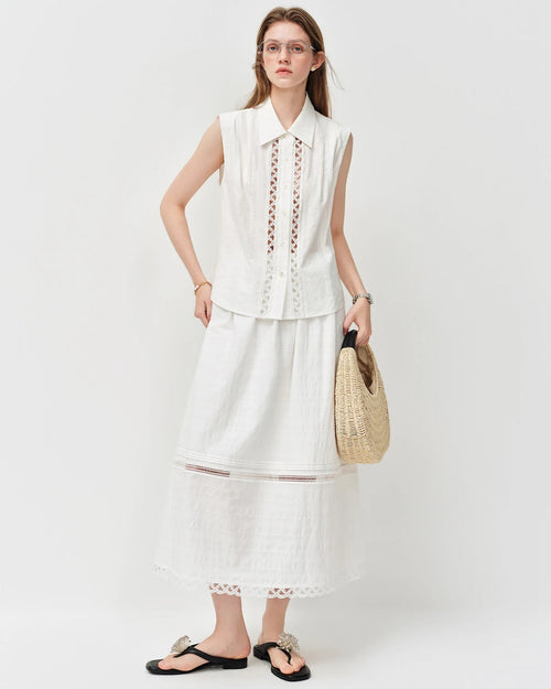 Cotton Lace-Trimmed A-Line Midi Skirt