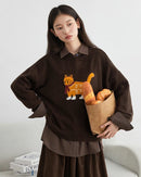 Cartoon Cat Appliqué Knit Sweater