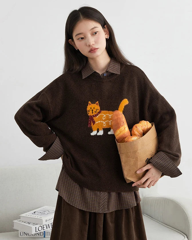 Cartoon Cat Appliqué Knit Sweater