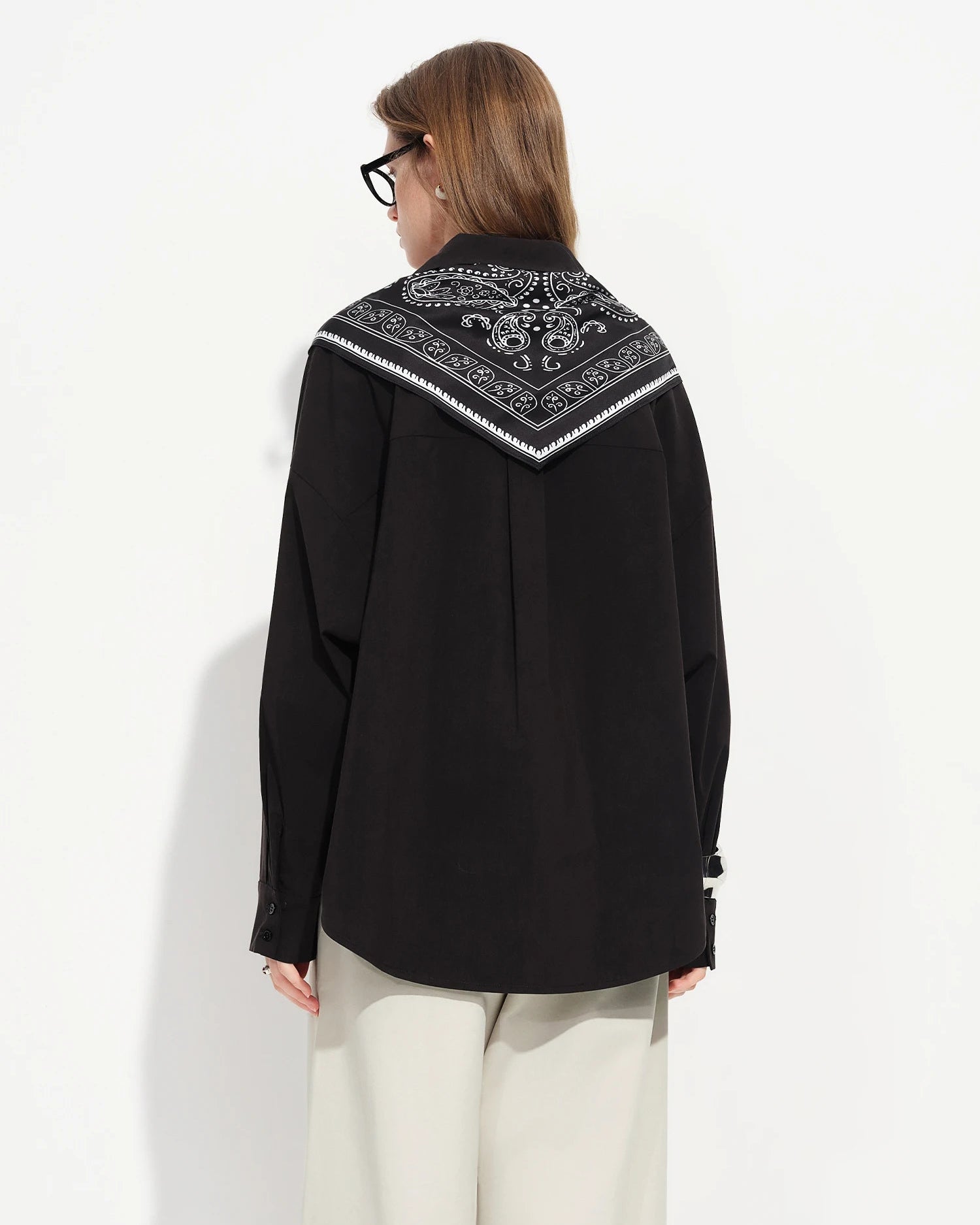 Long-Sleeve Stand-Collar Shirt With Silk Scarf