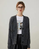 Women's thick wool-blend bright yarn V-neck knit cardigan in dark grey, featuring luminous texture and loose fit for autumn and winter layering.