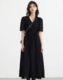 Retro V-Neck Puff Sleeve Loose Dress