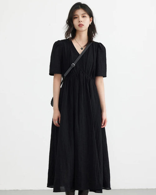 Retro V-Neck Puff Sleeve Loose Dress