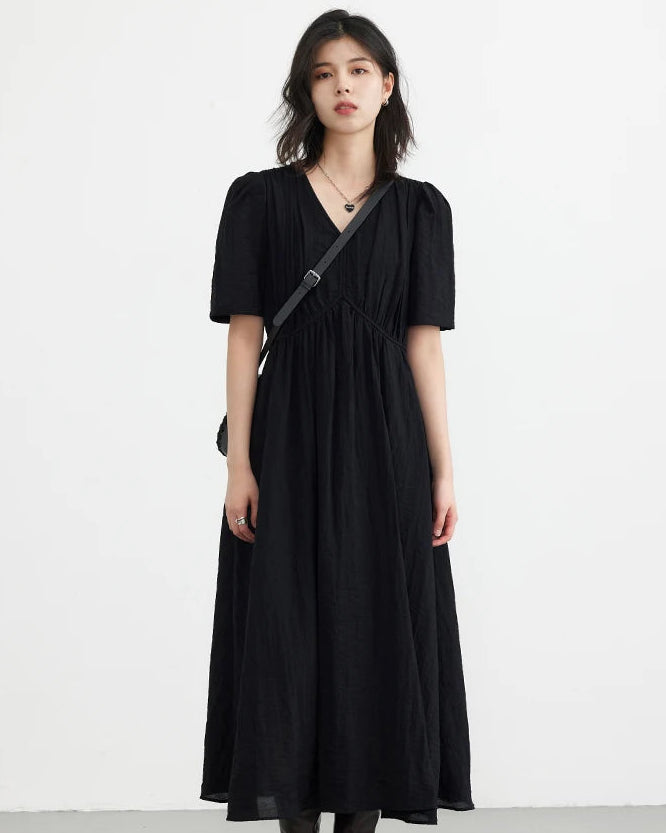 Retro V-Neck Puff Sleeve Loose Dress