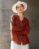 Ramie V-Neck Button-Down Shirt
