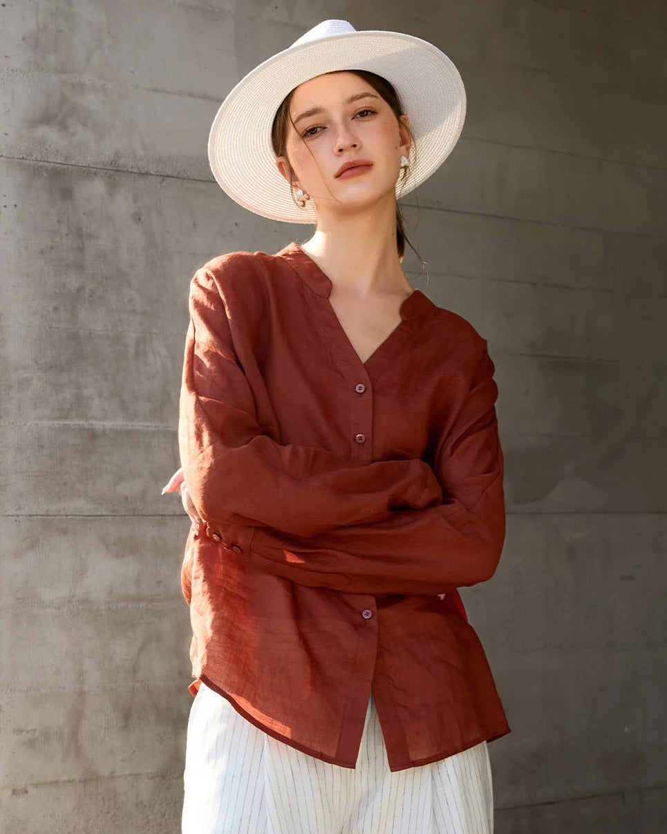 Ramie V-Neck Button-Down Shirt
