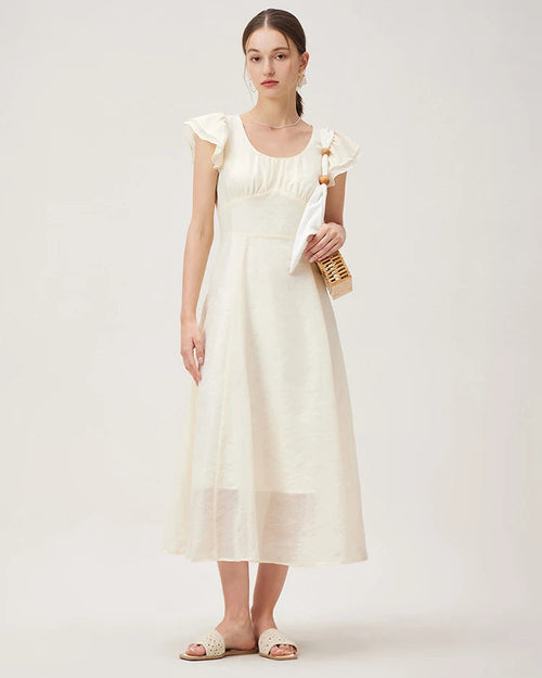 Empire waist petal sleeve maxi dress — slim A-line silhouette, ankle length, woven polyester fabric.