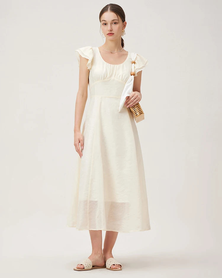 Empire waist petal sleeve maxi dress — slim A-line silhouette, ankle length, woven polyester fabric.
