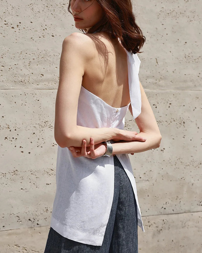 Sleeveless Linen Backless Halter Top