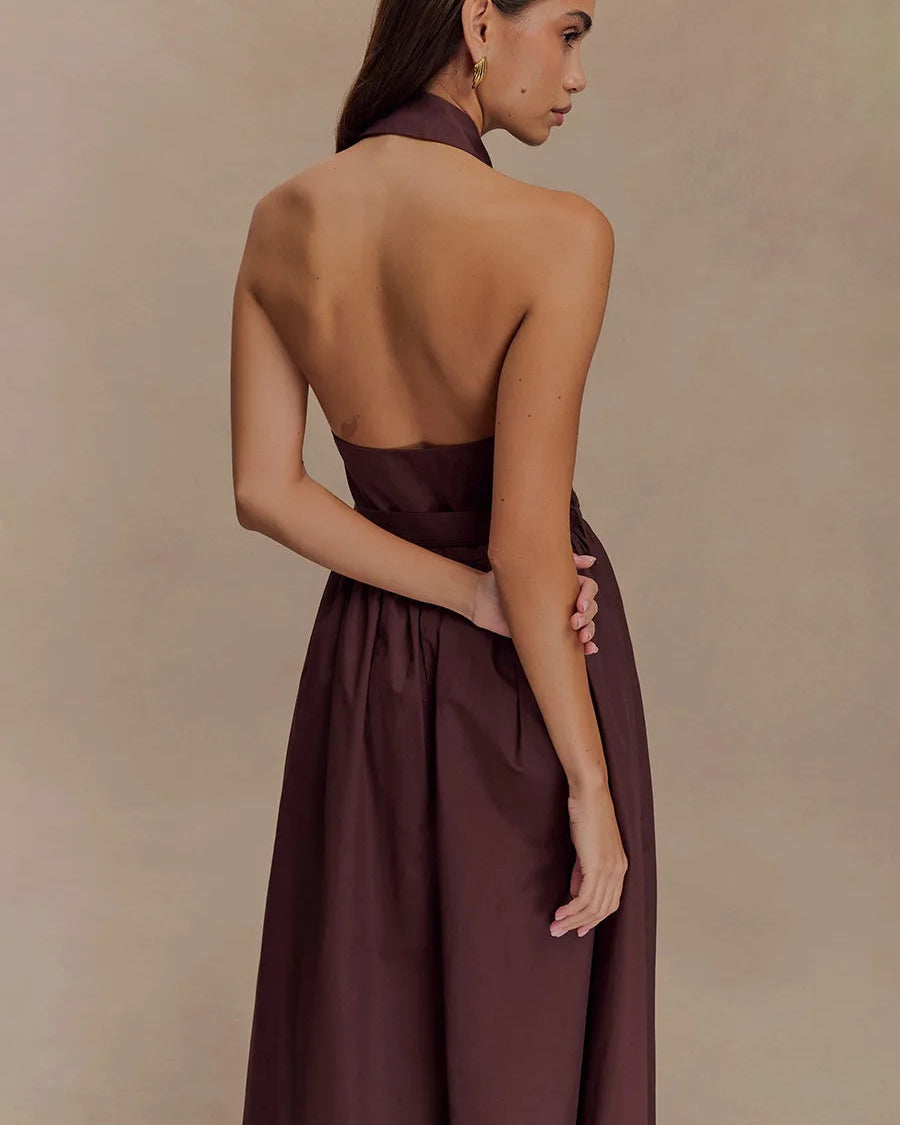 Sleeveless Turn-Down Collar Belted Maxi Dress