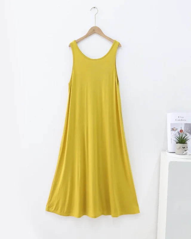 Modal Sleeveless Round-Neck Mid-Calf Sleep Dress
