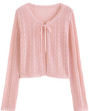 Linen Blend Open-Knit Lace-Up Cardigan