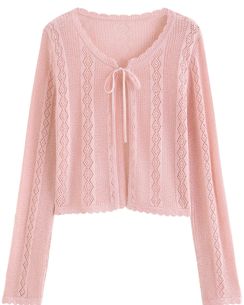 Linen Blend Open-Knit Lace-Up Cardigan